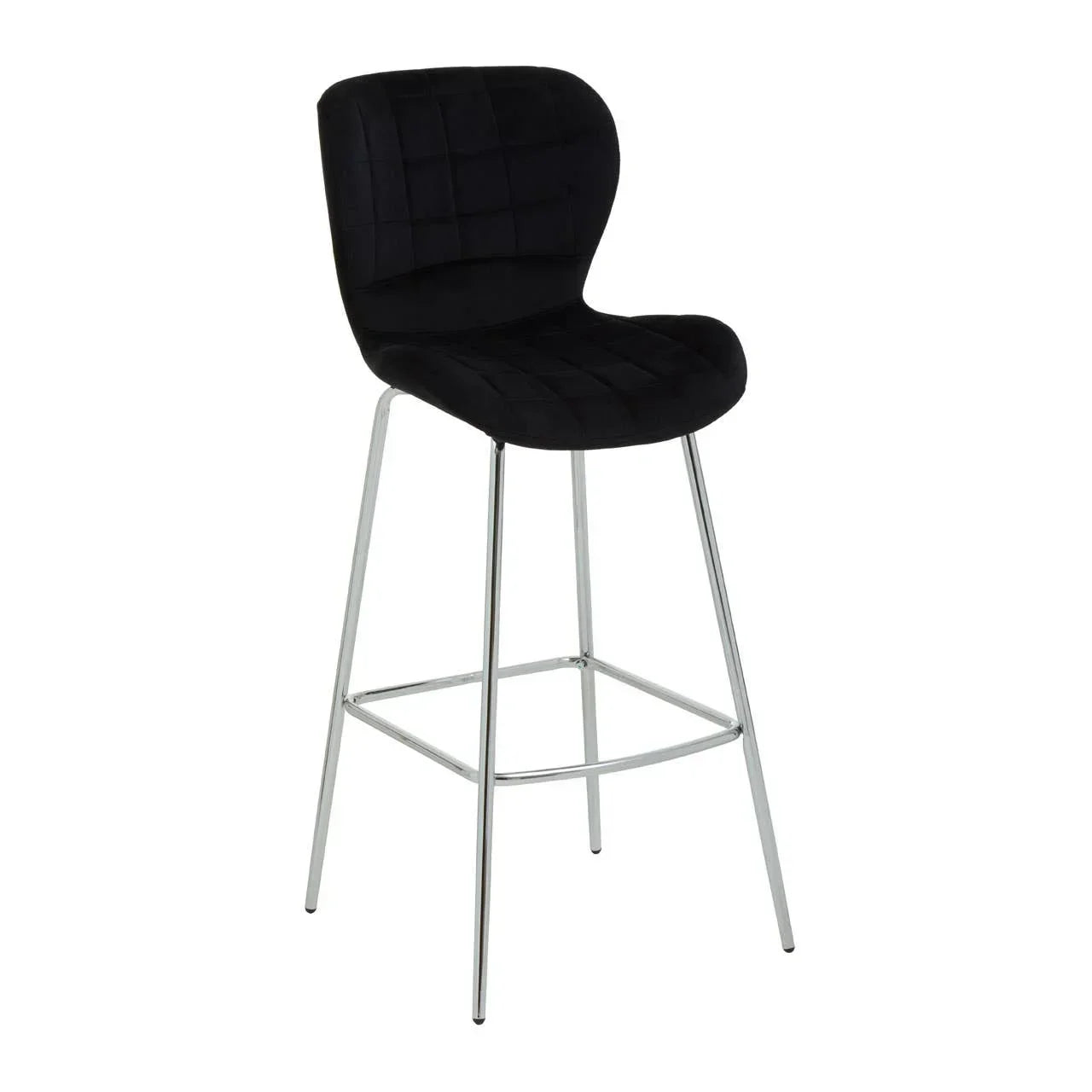 Black velvet bar stool with chrome legs and grid-stitched seat and backrest