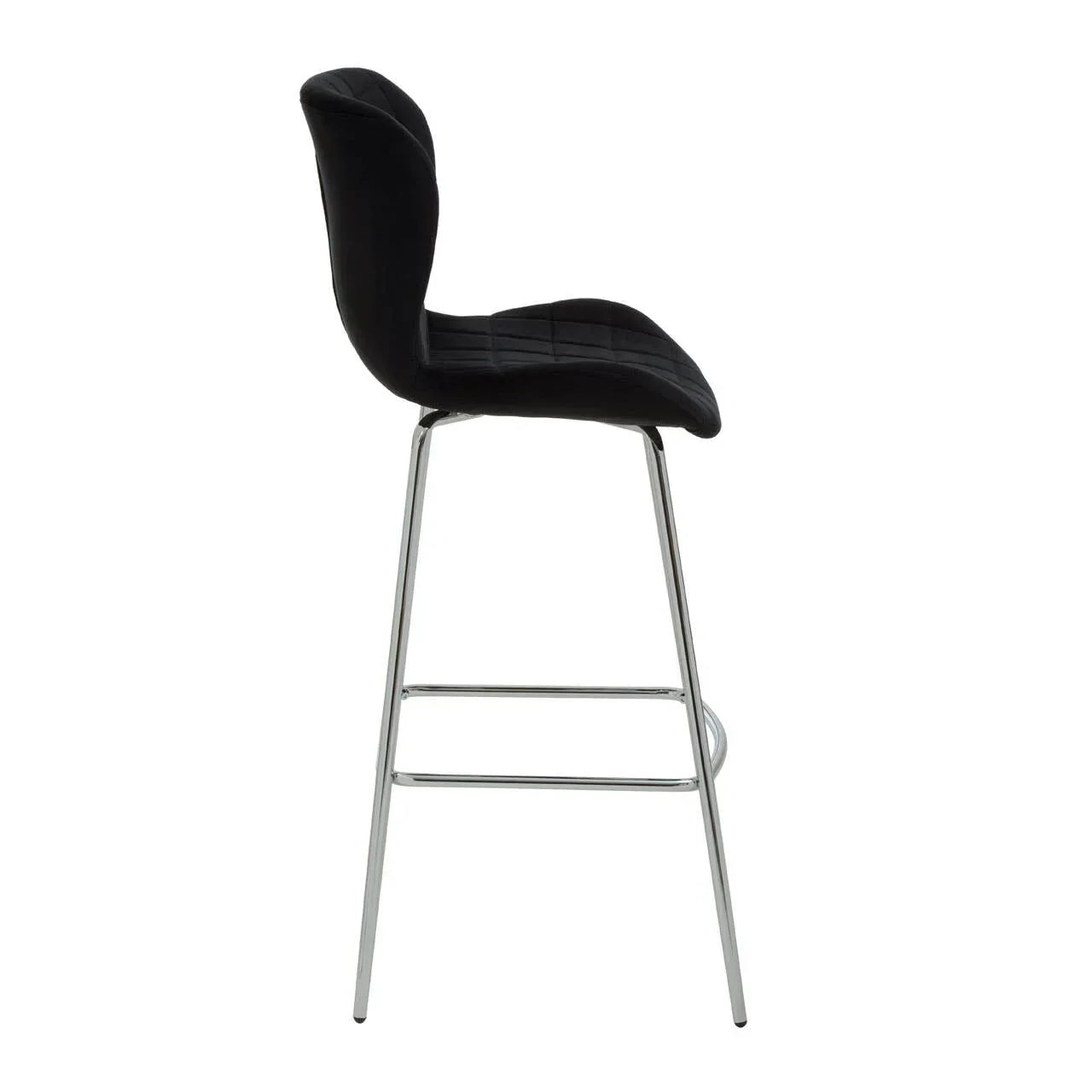 Black velvet bar stool with chrome legs and footrest, side view