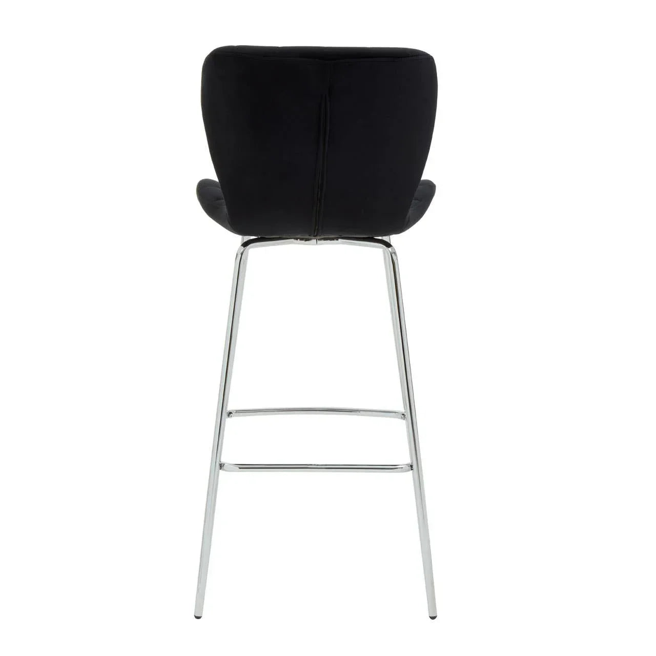 Black bar stool with chrome legs, rear view showing cushioned backrest and footrest