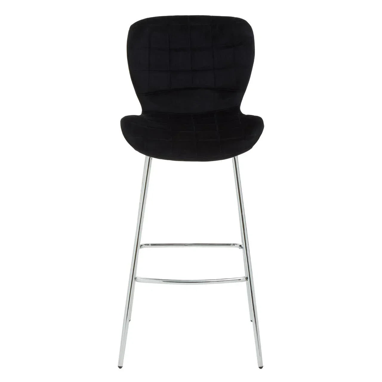 Black velvet bar stool with chrome legs and quilted seat, front view