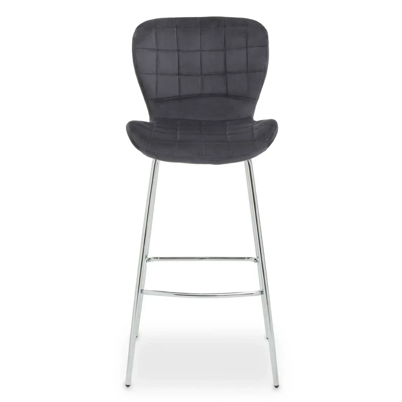 Grey fabric bar stool with chrome legs and square stitched backrest front view