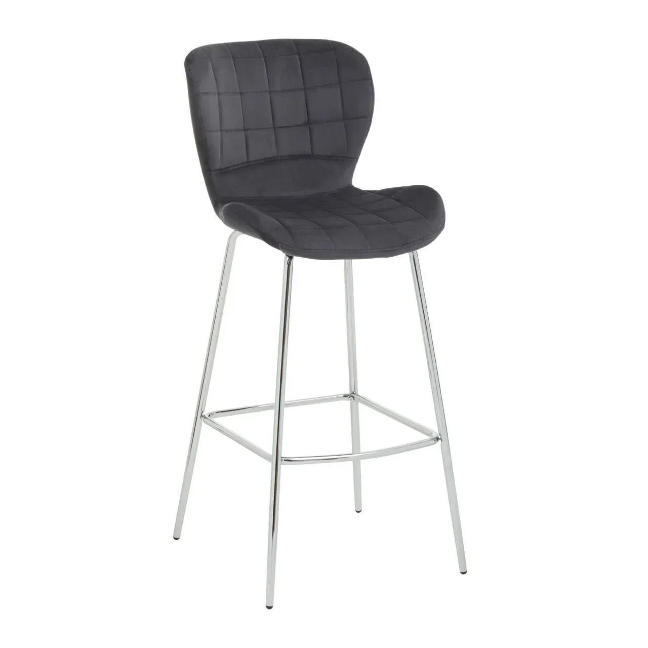 Grey velvet bar stool with padded seat, chrome legs and footrest on white background