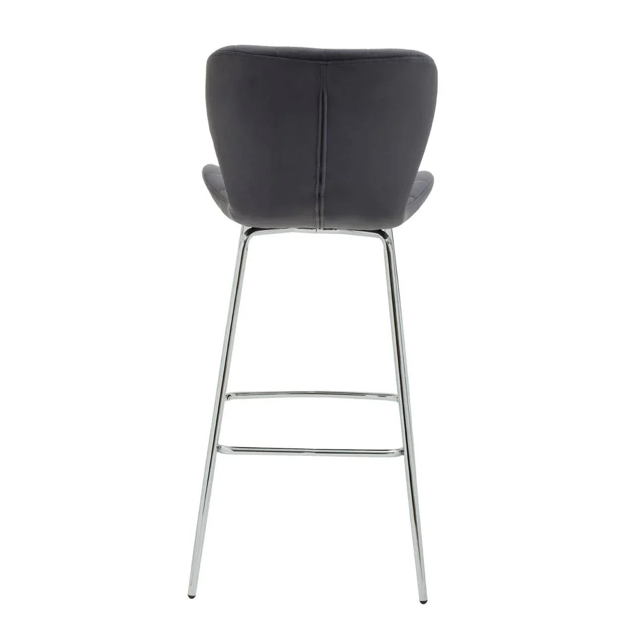 Rear view of grey bar stool with chrome legs and cushioned backrest