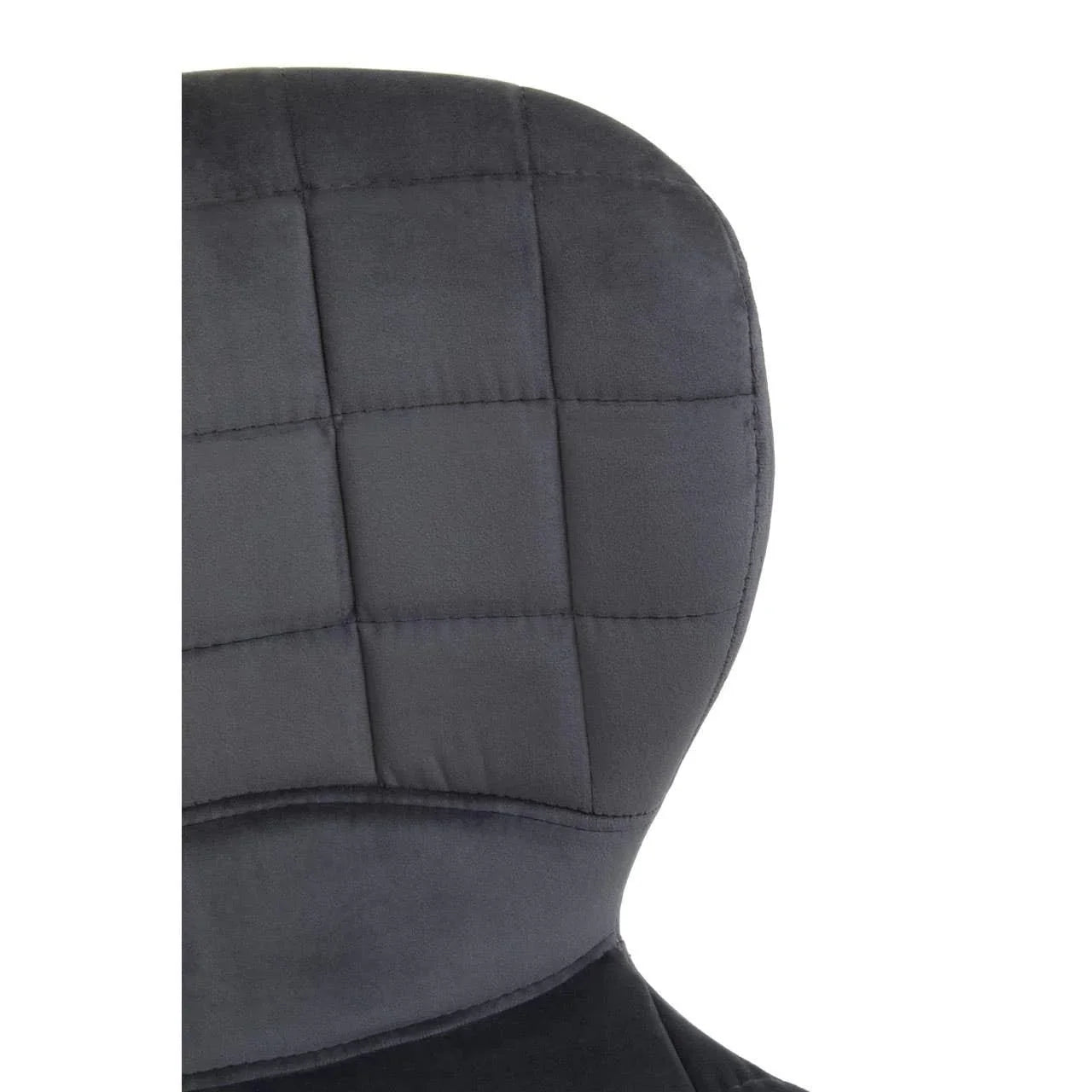 Closeup of dark grey fabric chair backrest with square stitched detail