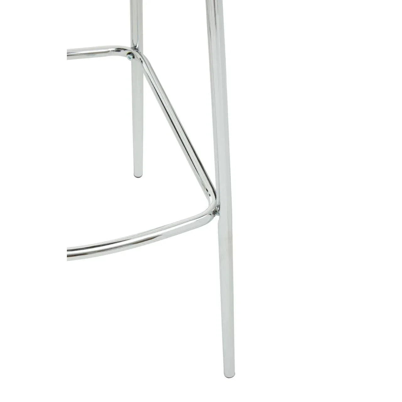 Chrome bar stool legs with triangular footrest, close up view highlighting metal finish
