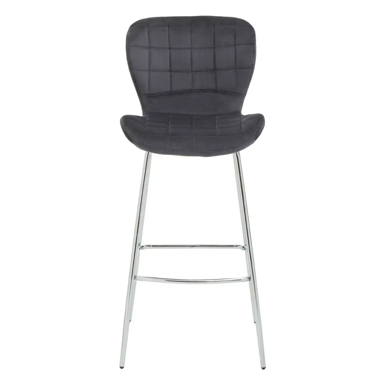 Grey velvet bar stool with chrome legs and grid-stitched backrest, front view