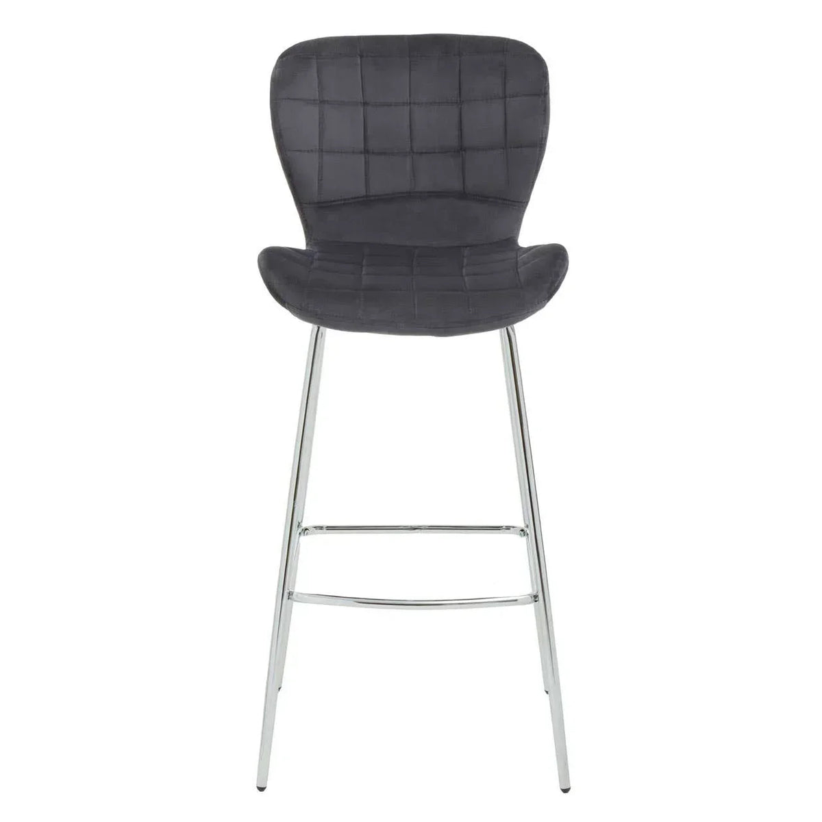 Dark grey quilted velvet bar stool with chrome legs, front view