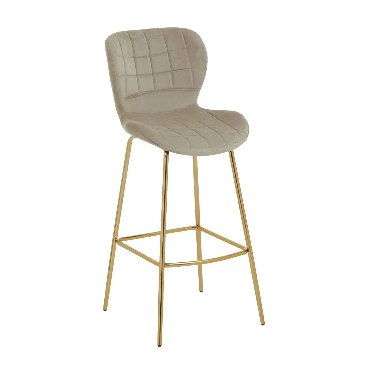 Beige velvet bar stool with gold metal legs and quilted backrest
