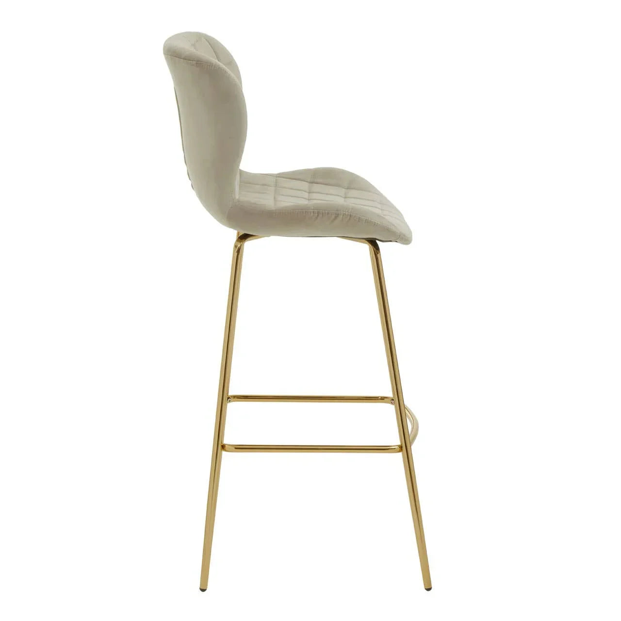 Beige velvet bar stool with gold metal legs shown in side profile view
