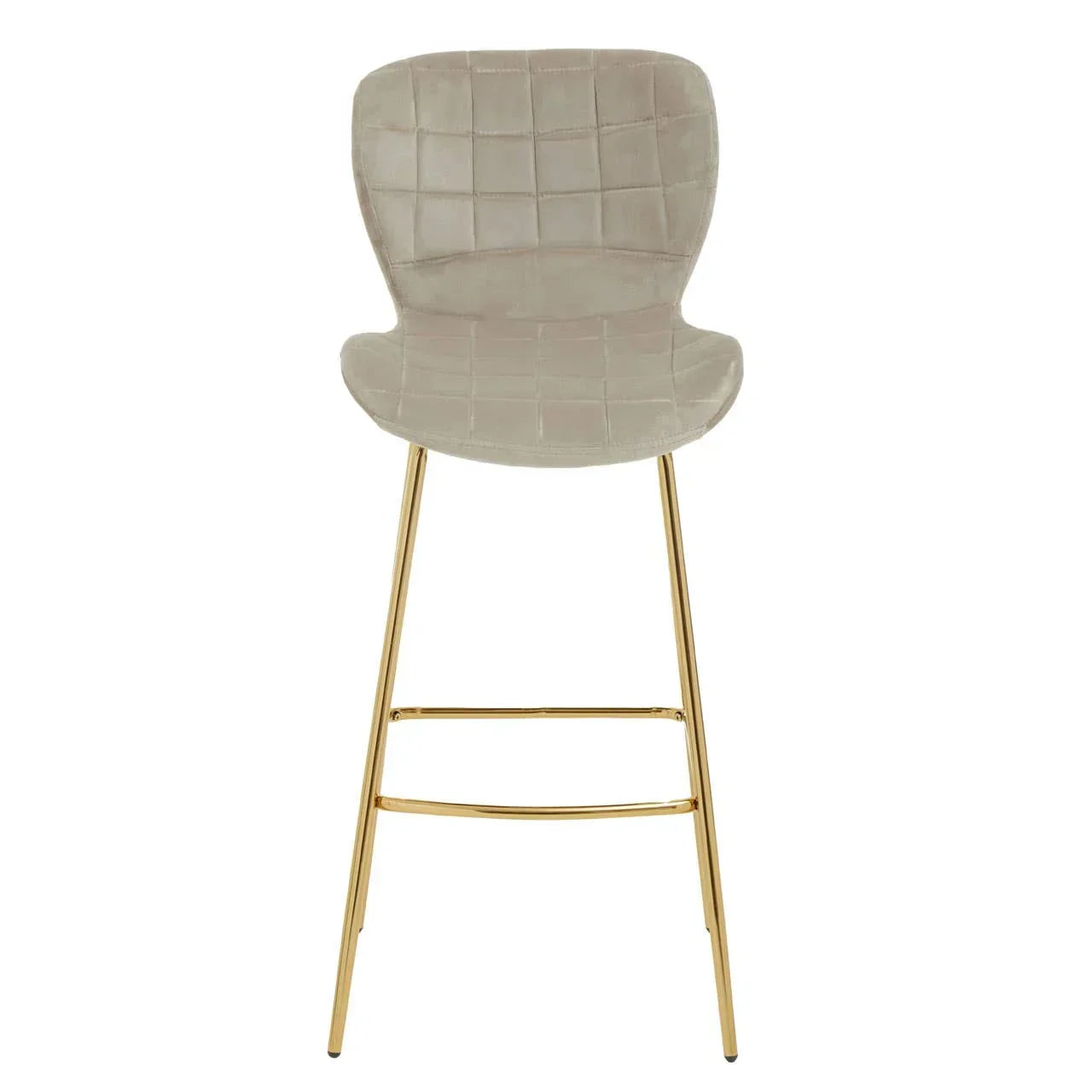 Beige velvet bar stool with quilted backrest and gold metal legs, front view