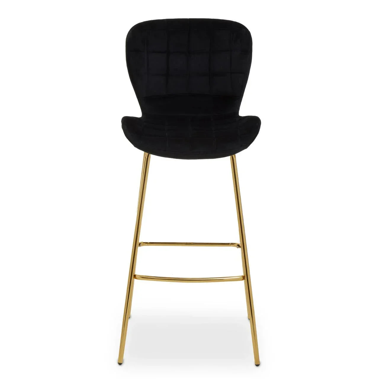 Black velvet bar stool with gold metal legs and curved backrest, front view