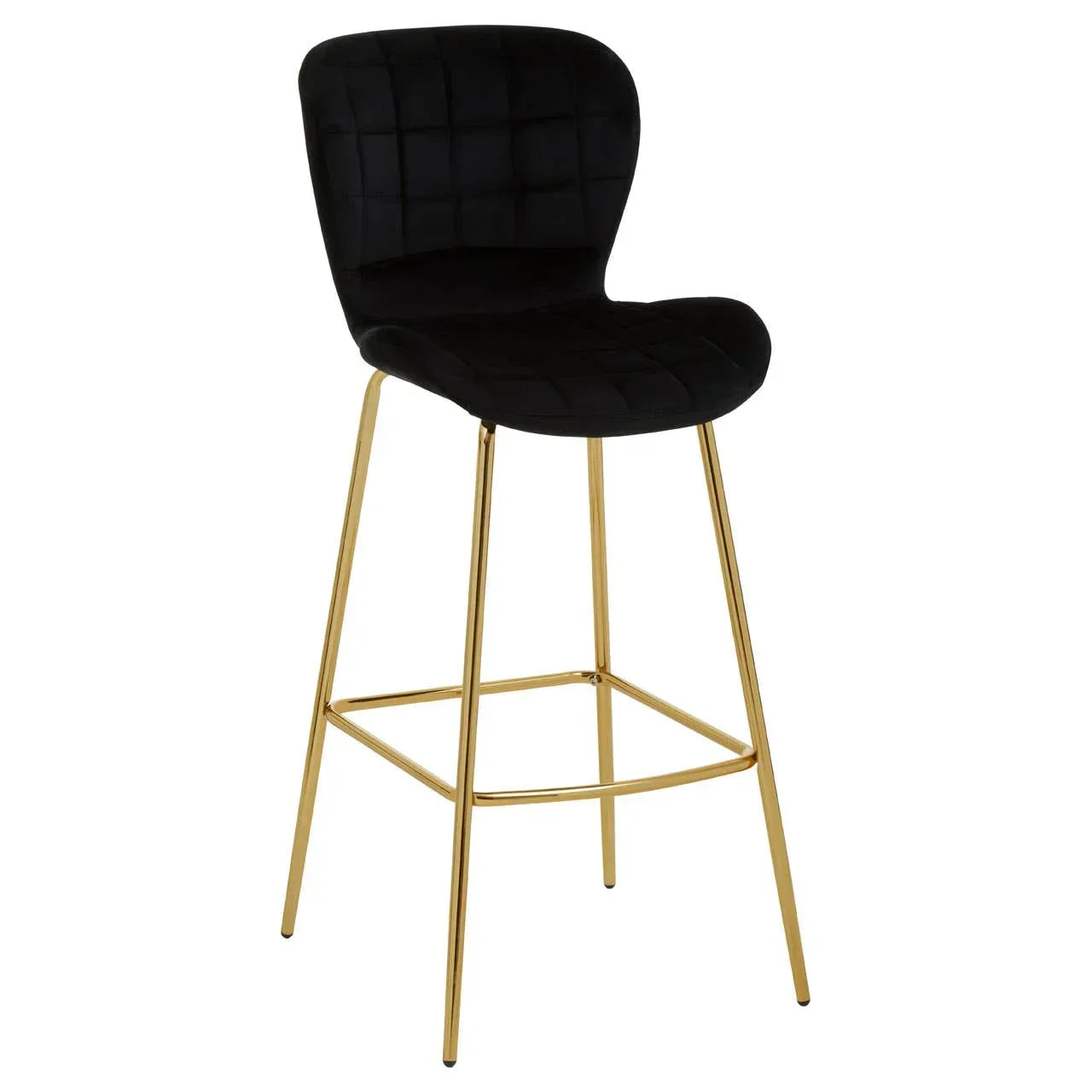 Black velvet bar stool with gold metal legs and grid-stitched seat, front angle view