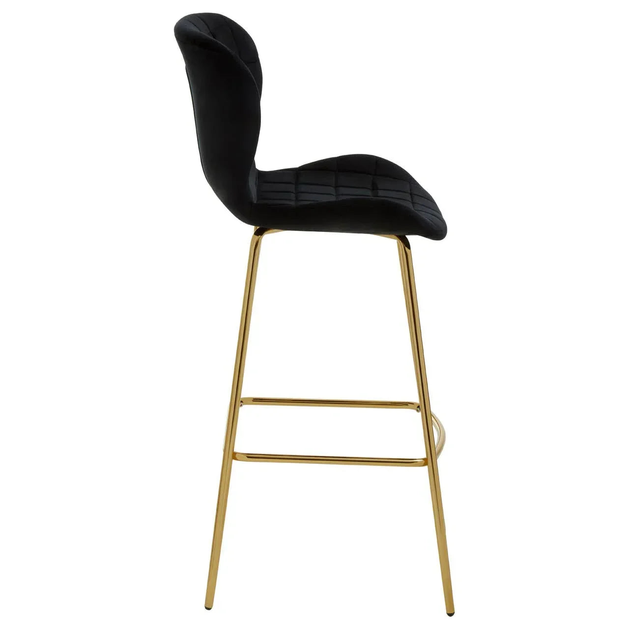 Black velvet bar stool with tufted seat and gold metal legs, side profile view