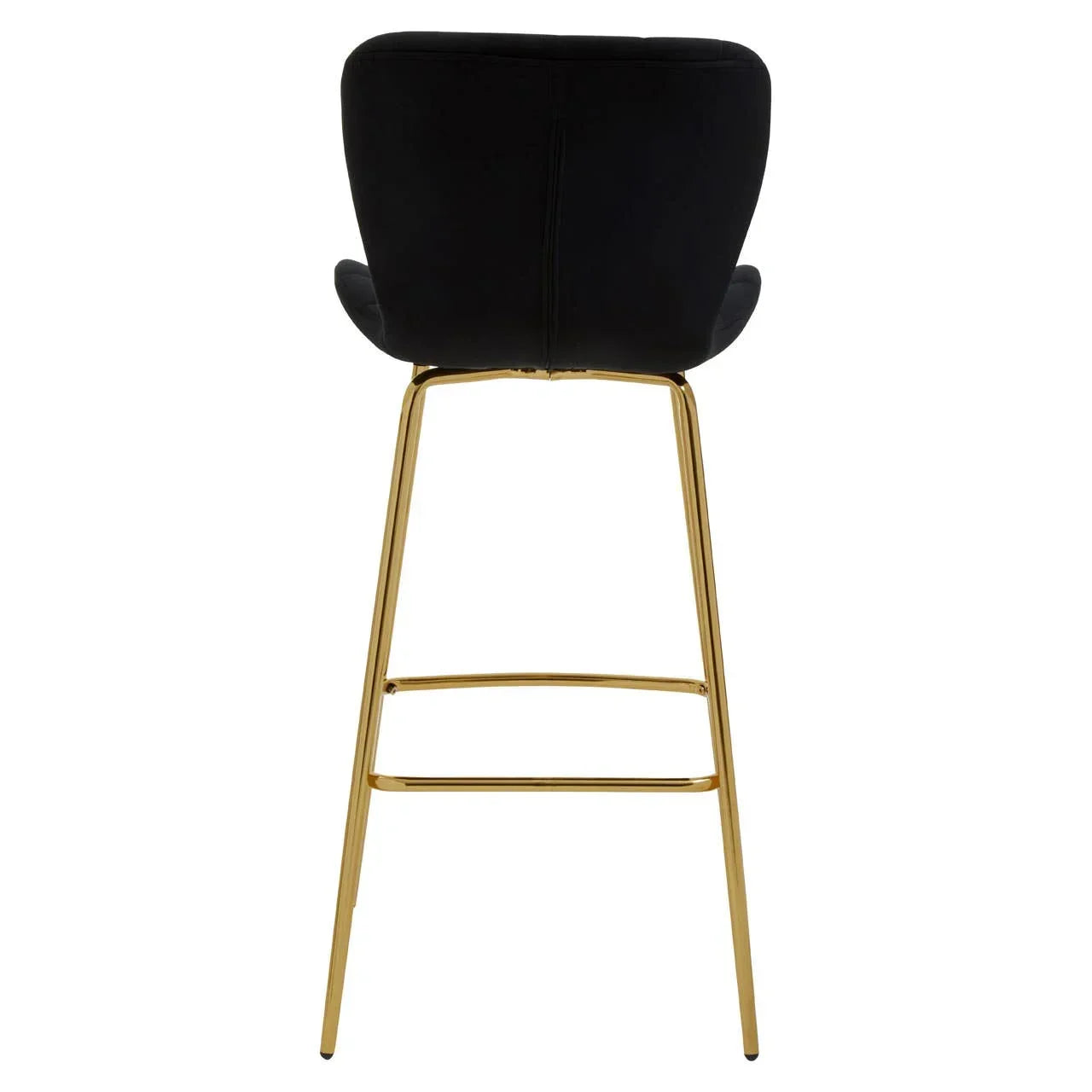 Black velvet bar stool with curved backrest and gold metal legs, rear view