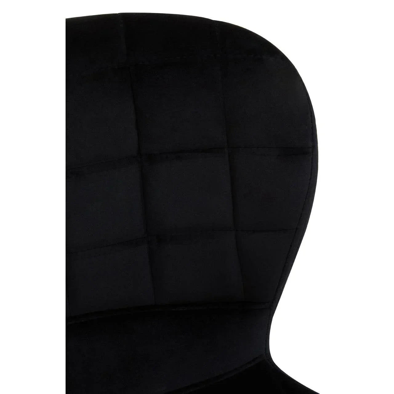 Close up of black velvet chair backrest with square stitched upholstery detail