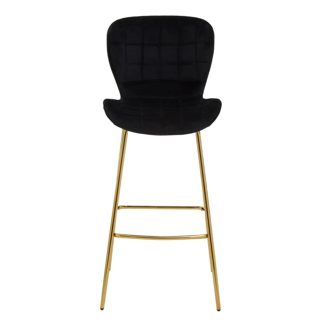 Black velvet bar stool with gold metal legs and stitched backrest, front view