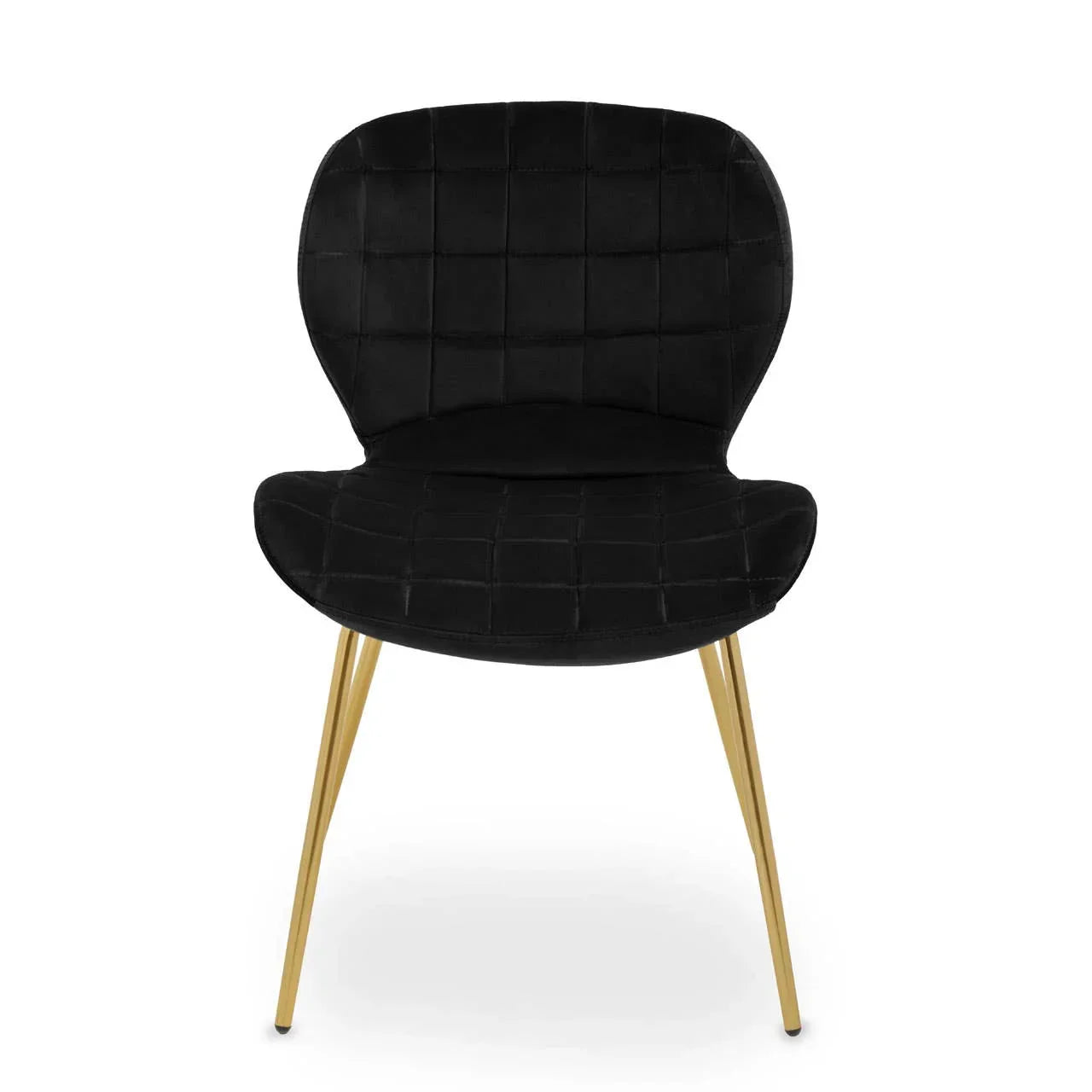 Black velvet dining chair with gold metal legs, tufted seat and backrest, front view