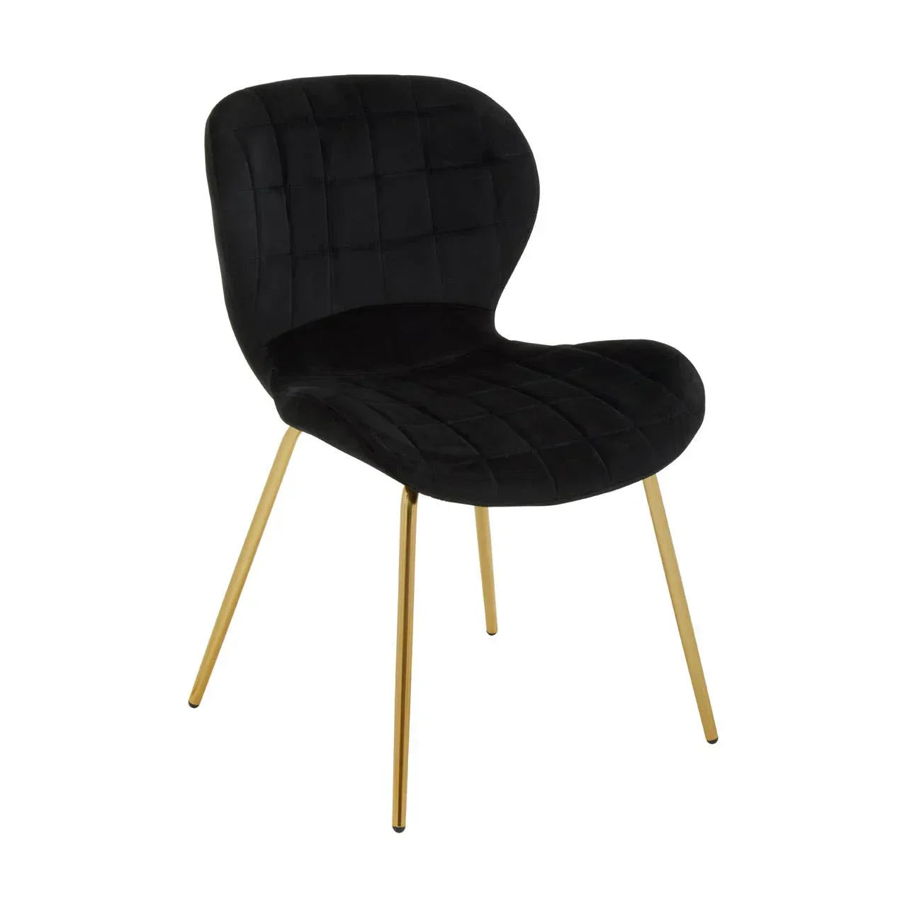Black velvet dining chair with gold metal legs and quilted upholstery, angled front view