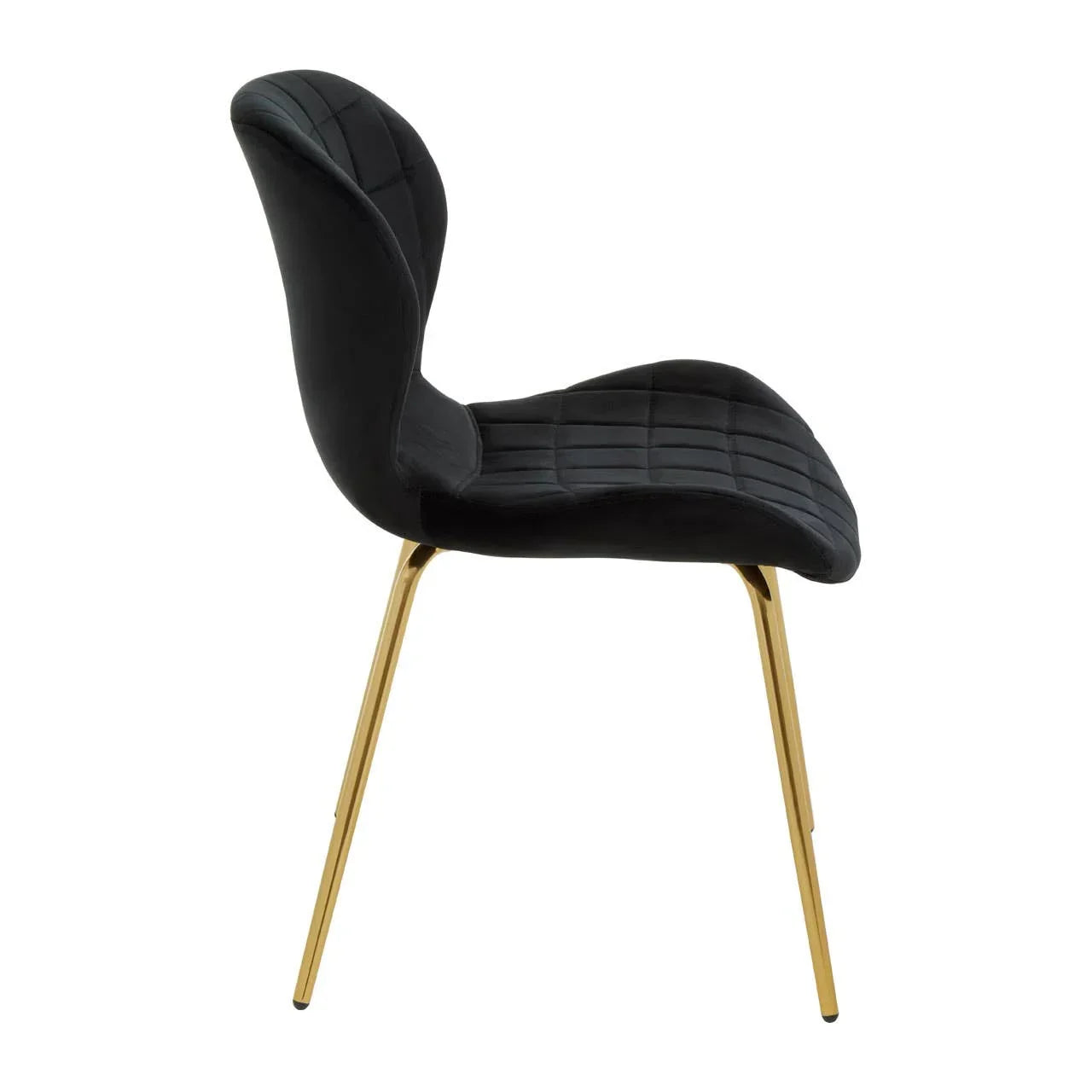 Black velvet dining chair with gold metal legs side profile