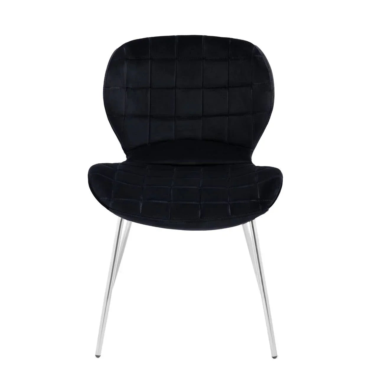 Black velvet dining chair with grid pattern and chrome metal legs, front view