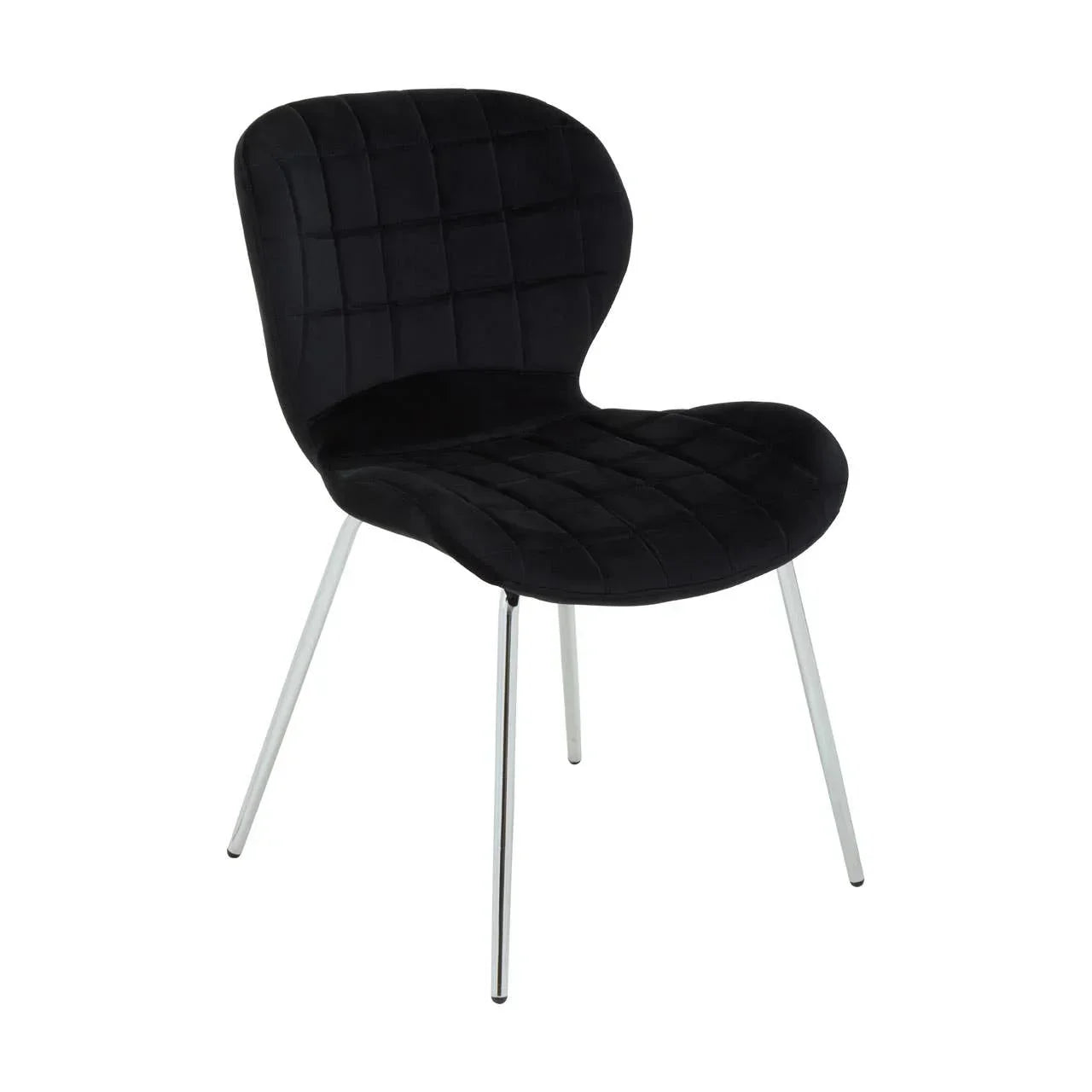 Black velvet dining chair with chrome legs and quilted seat design on white background