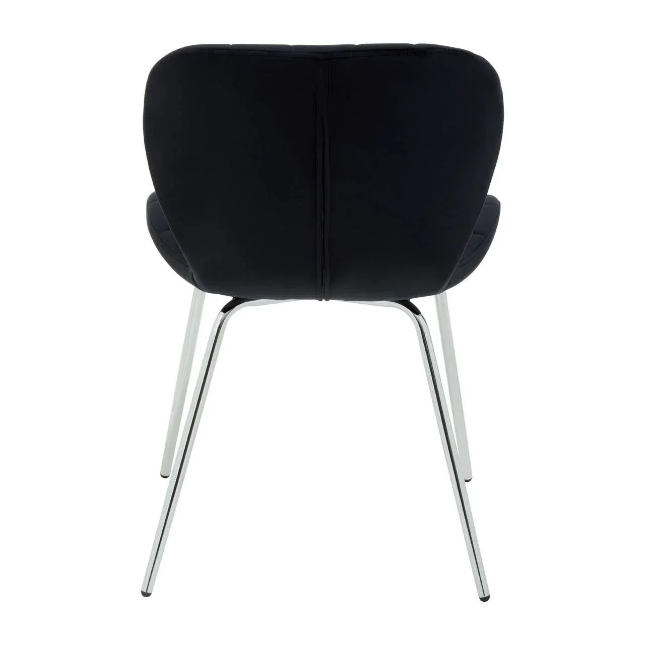 Back view of black upholstered dining chair with chrome legs on white background