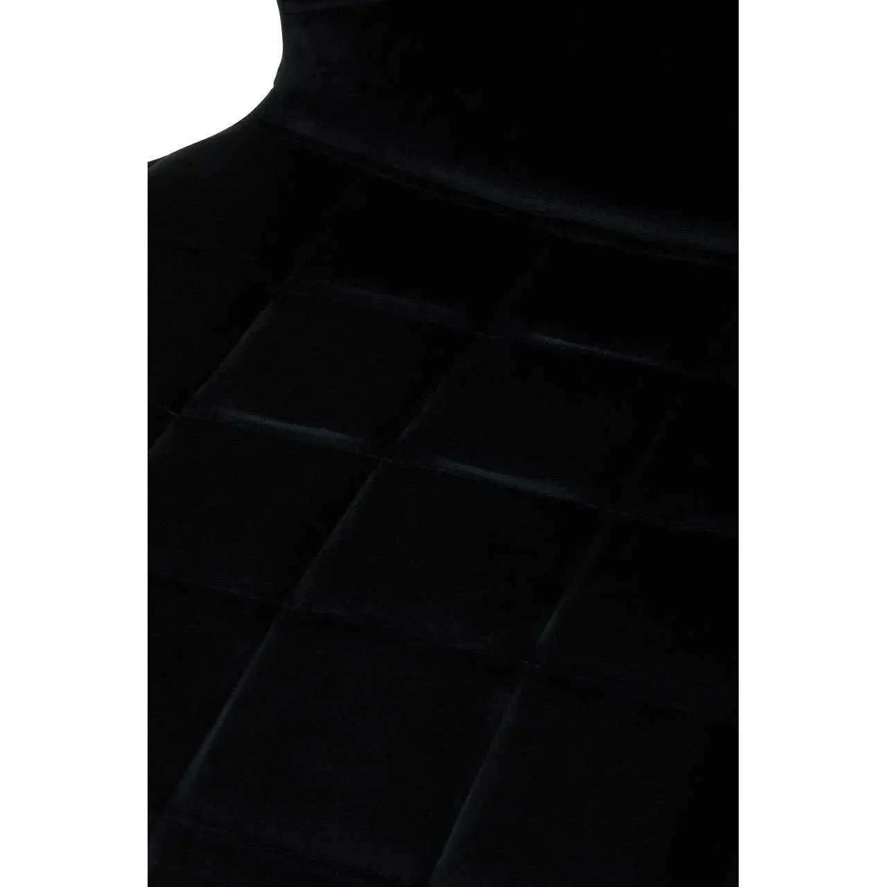 Black velvet chair seat with square stitched upholstery, close detail view