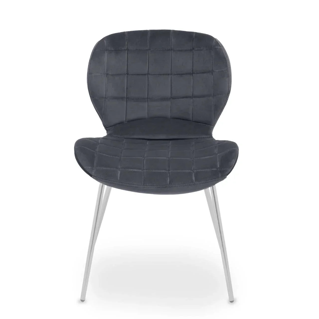 Grey velvet dining chair with grid stitch pattern and chrome legs, front angle view
