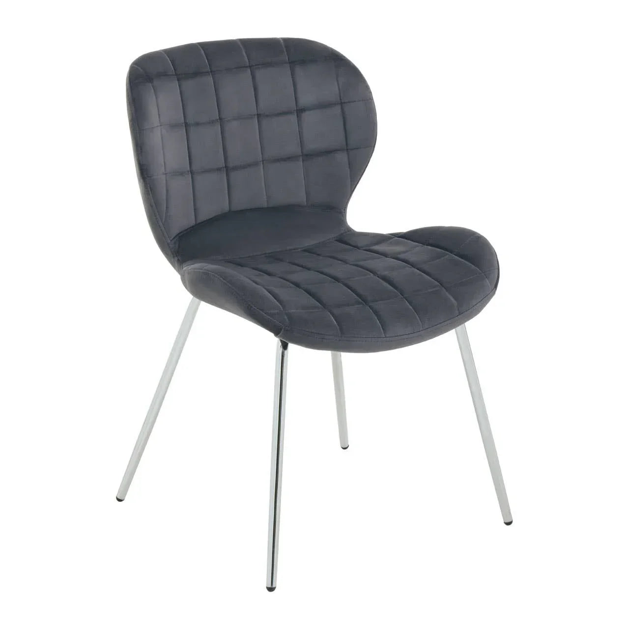 Grey velvet dining chair with chrome legs and grid-stitched seat on white background