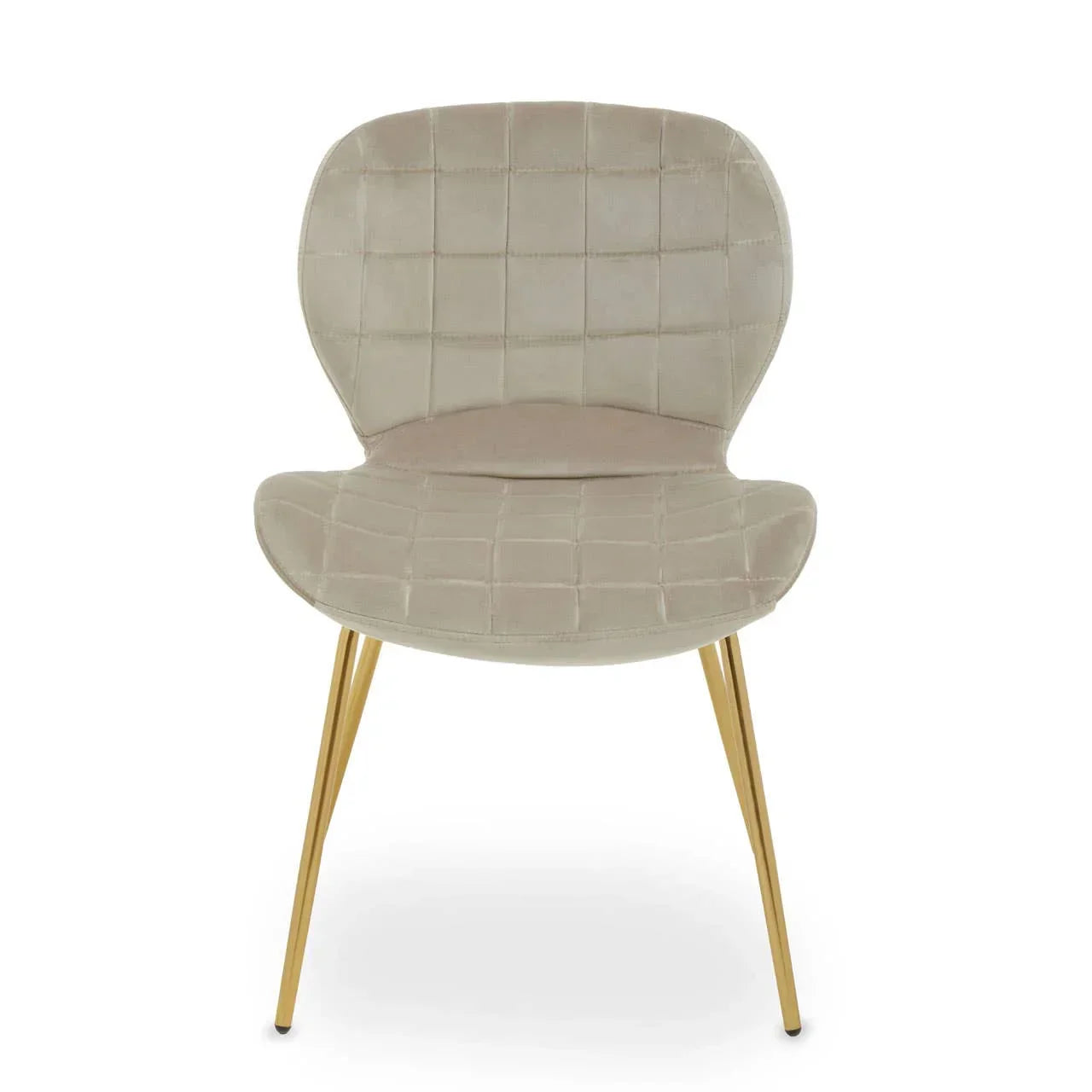 Beige velvet dining chair with gold metal legs and quilted seat, front view