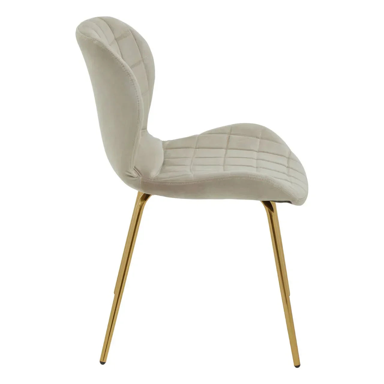 Beige velvet dining chair with grid stitching and gold metal legs, side profile view