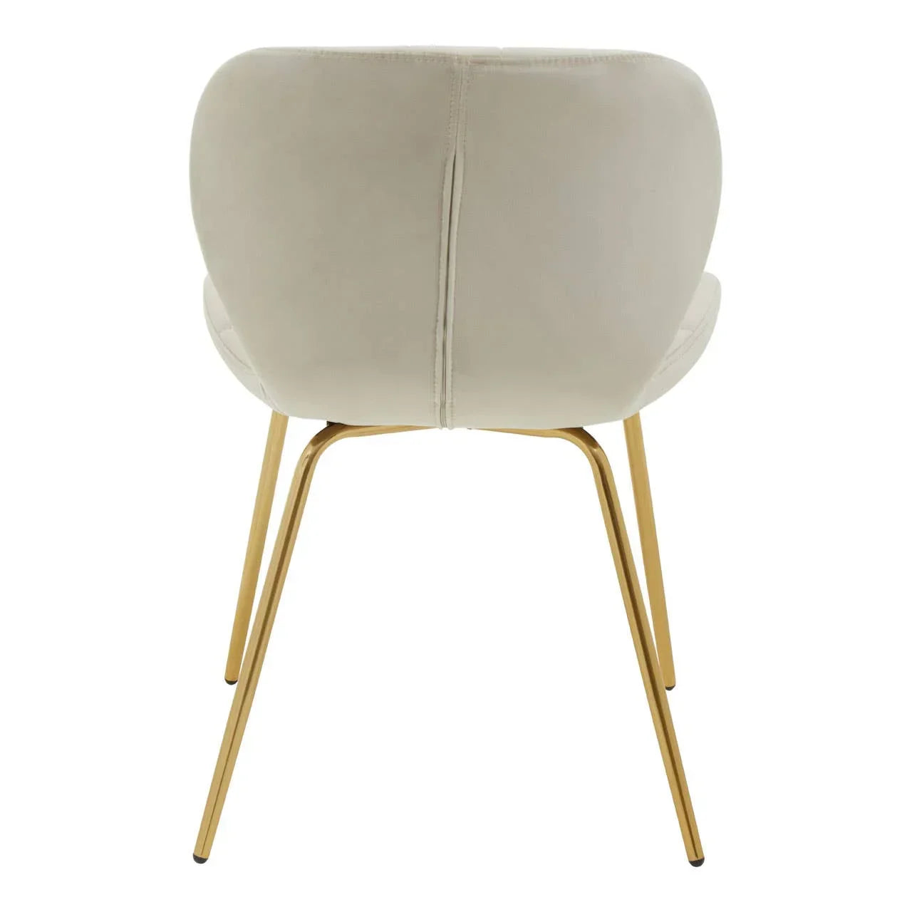 Back view of cream velvet dining chair with gold metal legs