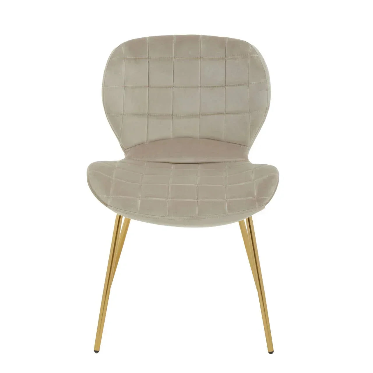 Beige velvet dining chair with gold metal legs and grid stitching, front view