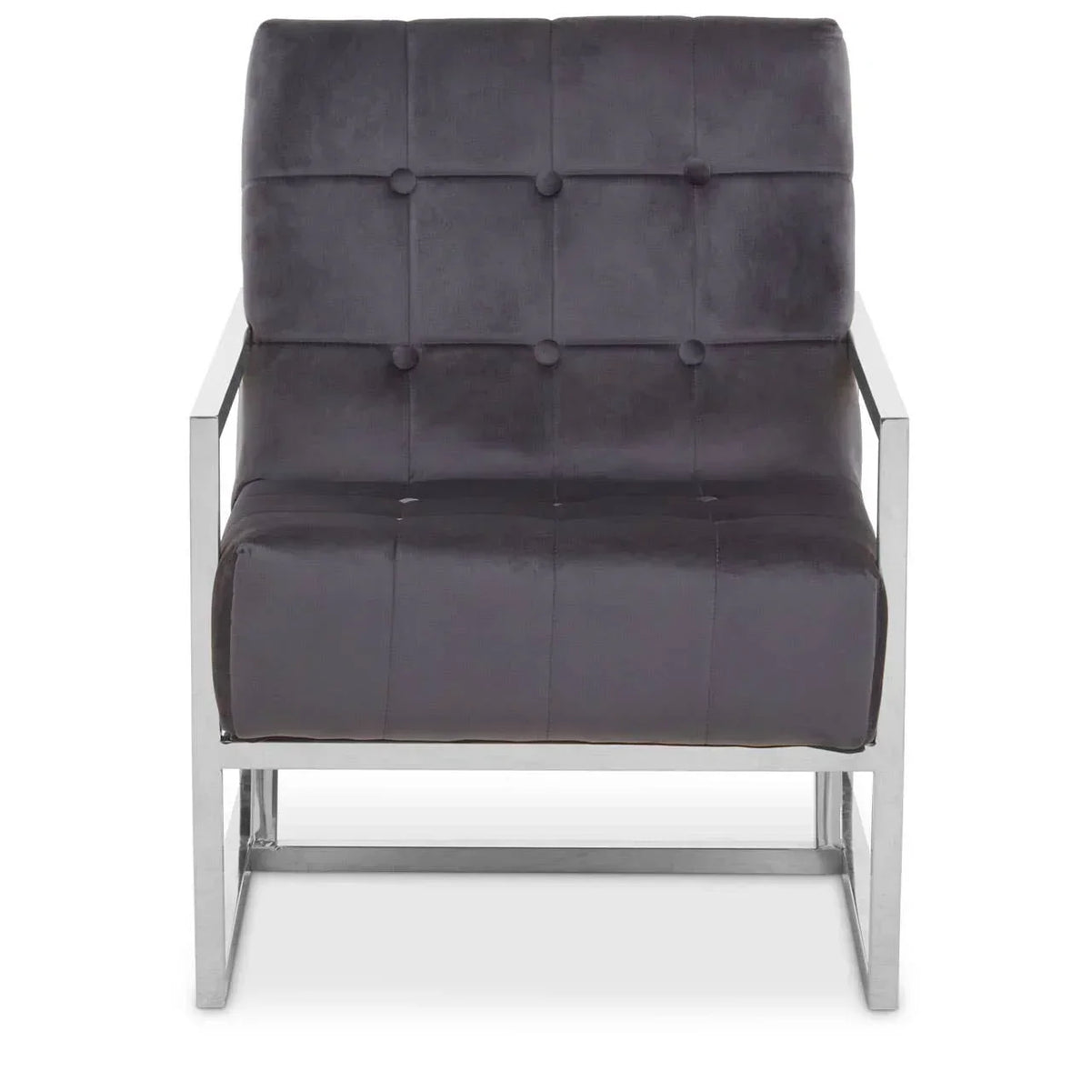 Grey velvet accent chair with square chrome frame and button tufted seat, front view