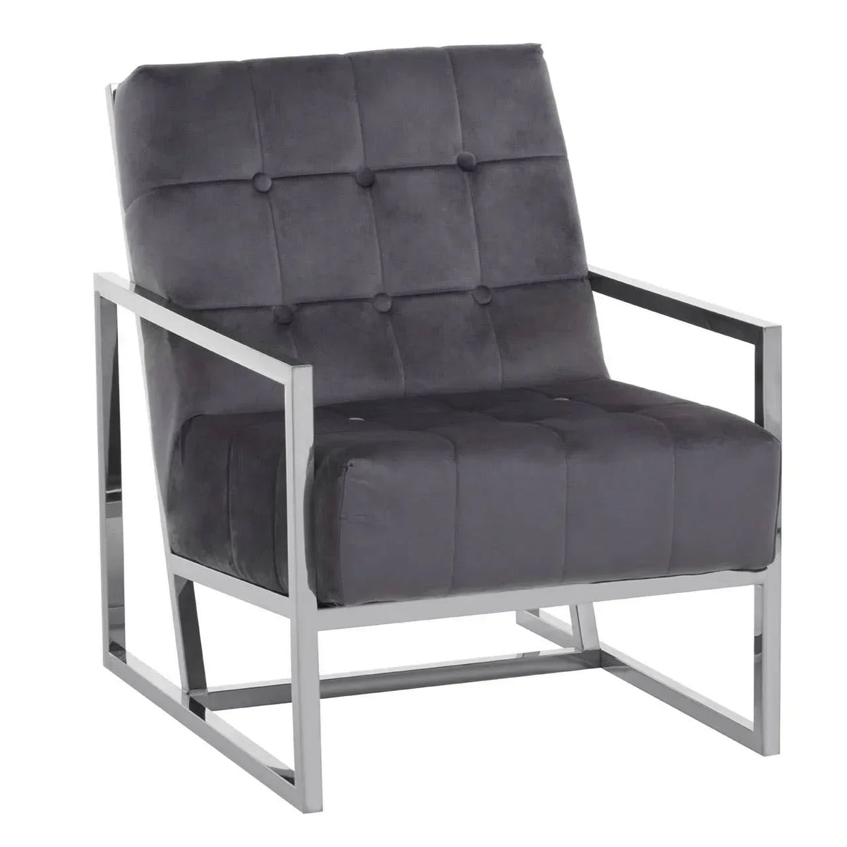 Grey velvet accent chair with chrome metal frame and button-tufted upholstery