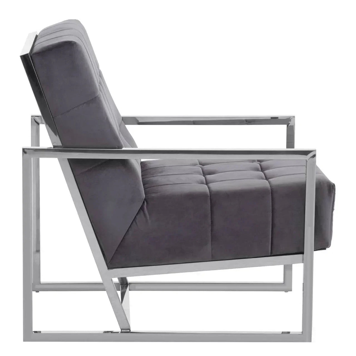 Grey velvet accent chair with chrome metal frame, side profile view