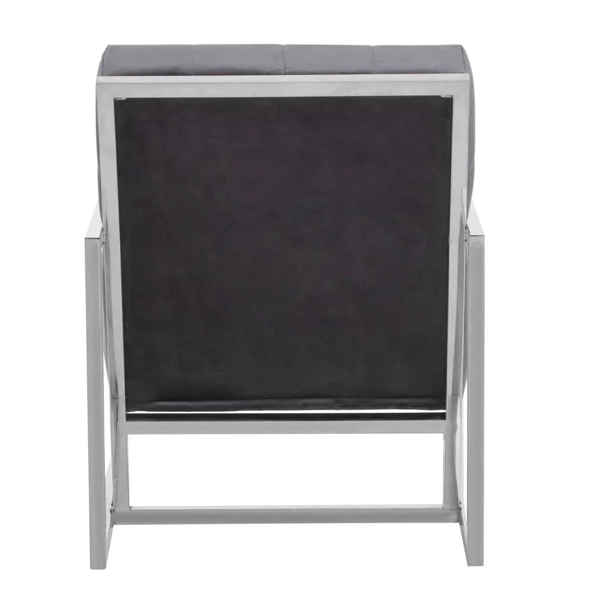 Rear view of modern armchair with black backrest and chrome metal frame