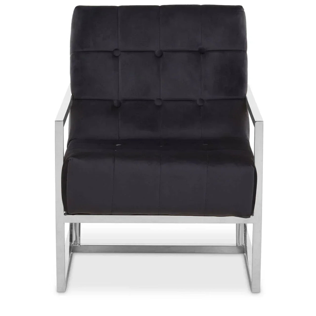 Black velvet accent chair with chrome metal frame and tufted seat, front view