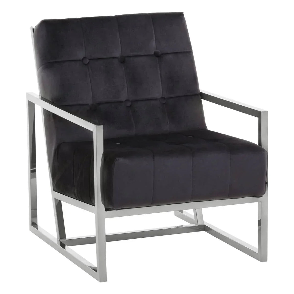 Black velvet accent chair with chrome metal frame and tufted upholstery, front angle view