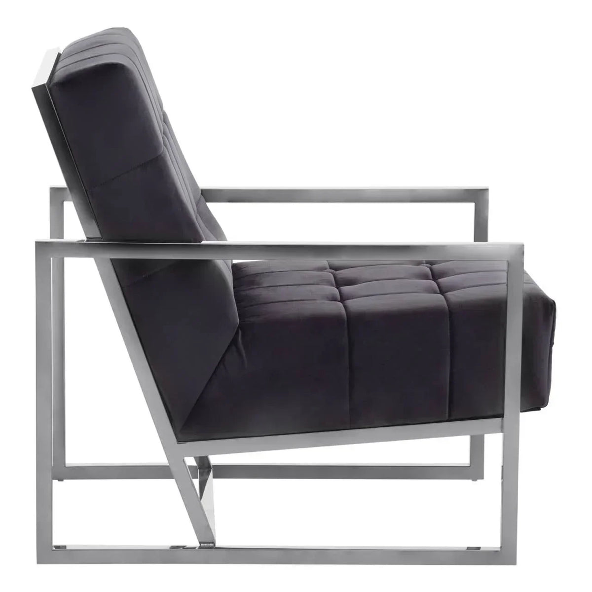 Modern black velvet armchair with metal frame, side view, tufted seat and backrest
