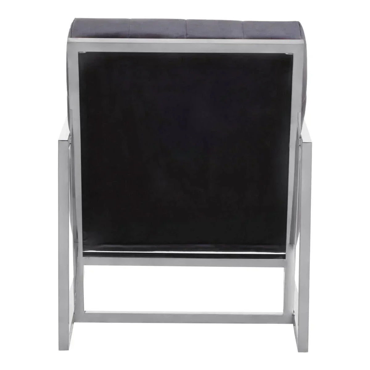 Rear view of black velvet armchair with chrome metal frame