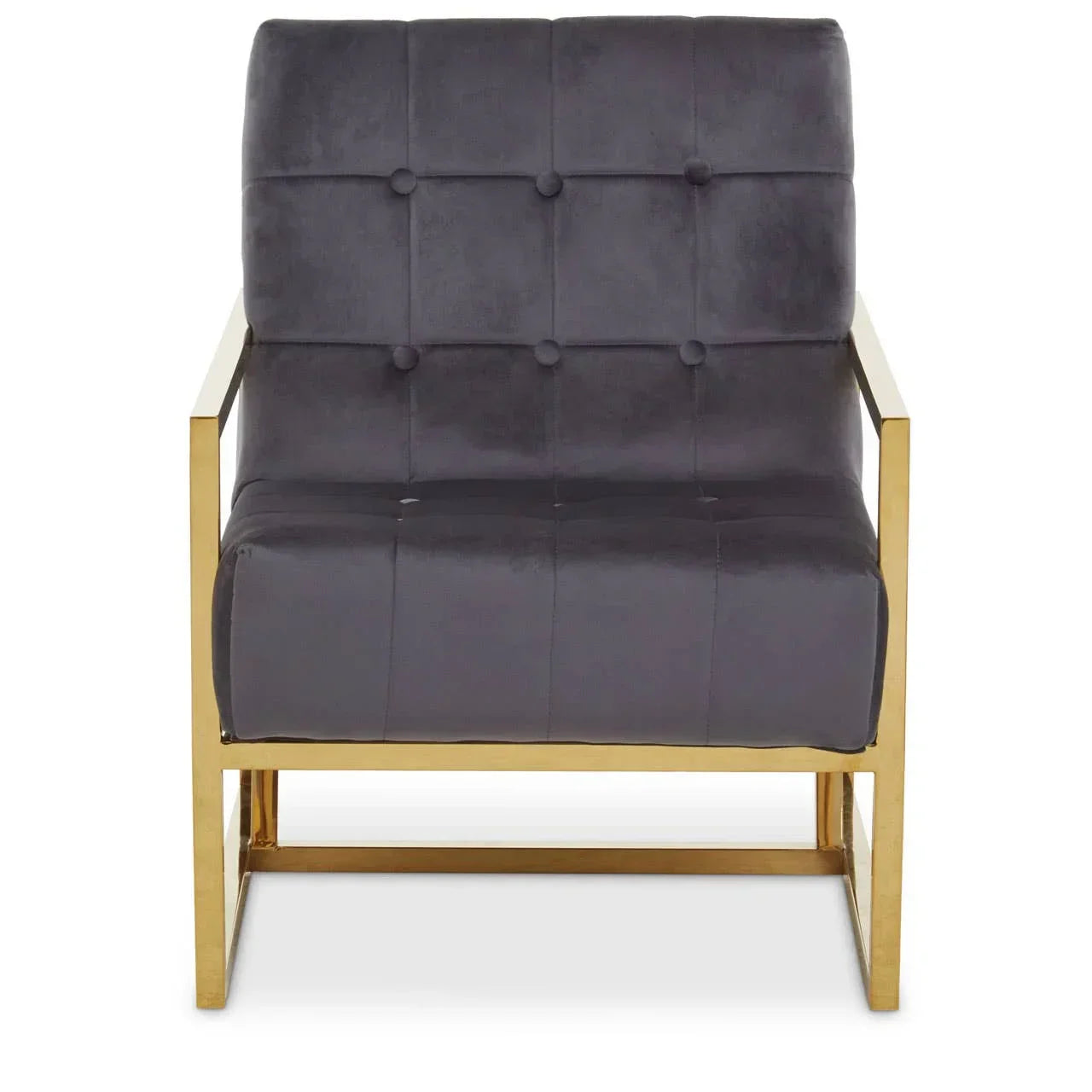 Grey velvet accent chair with gold metal frame and button-tufted backrest, front view