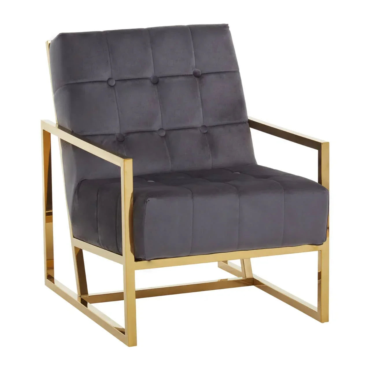 Grey velvet accent chair with gold metal frame and button-tufted seat and backrest