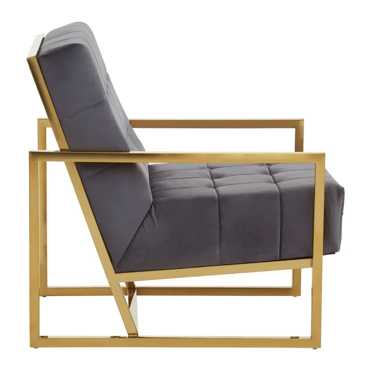 Grey velvet accent chair with tufted seat and gold metal frame side view