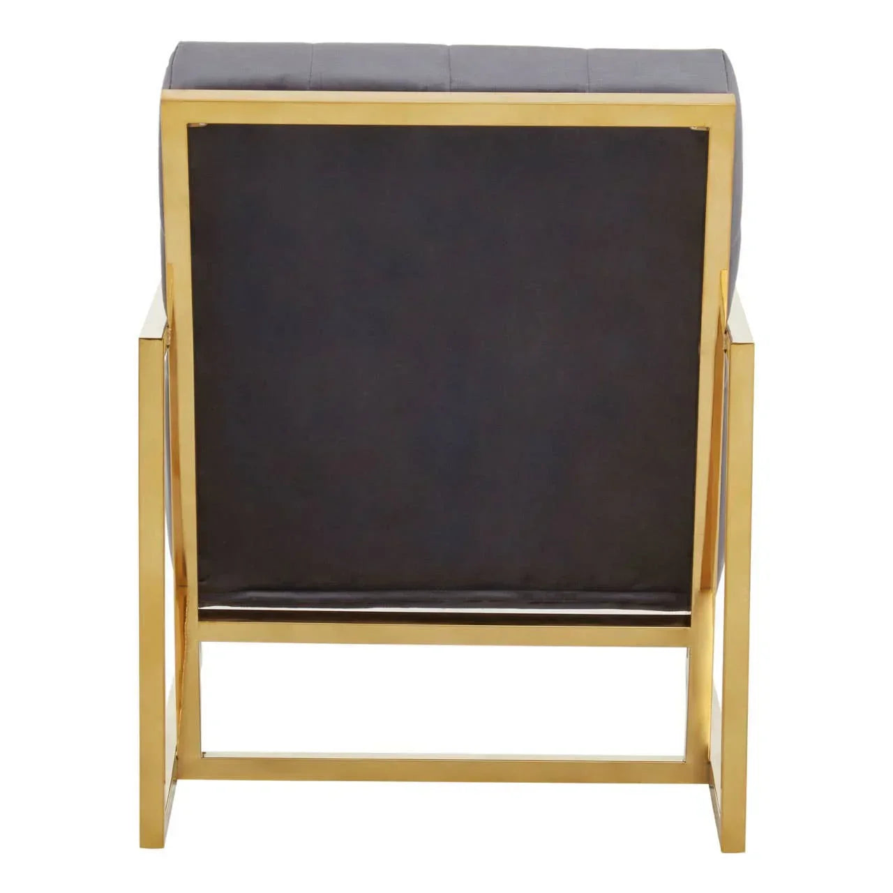Rear view of accent chair with gold metal frame and black upholstered backrest