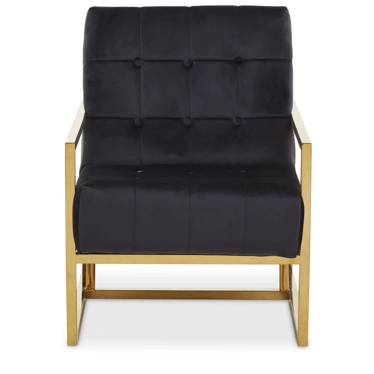 Black velvet accent chair with gold metal frame and tufted backrest, front view