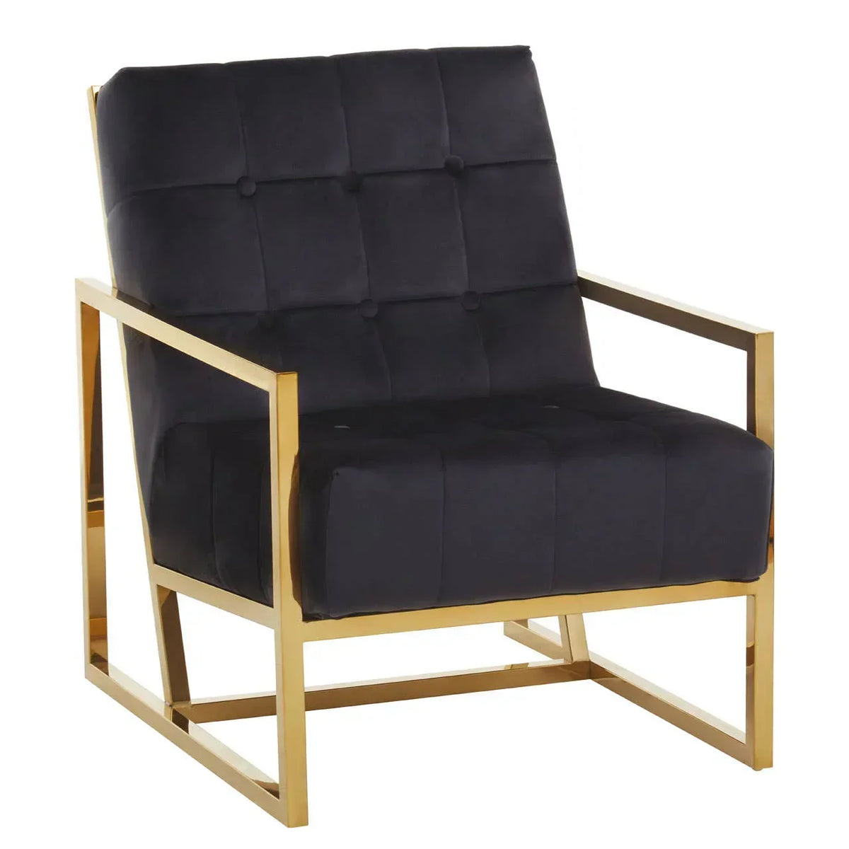 Black velvet accent chair with gold metal frame and tufted seat, angled view