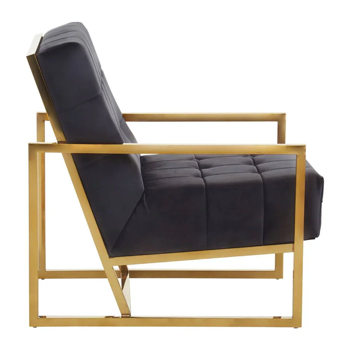 Modern black velvet armchair with gold metal frame, side profile view