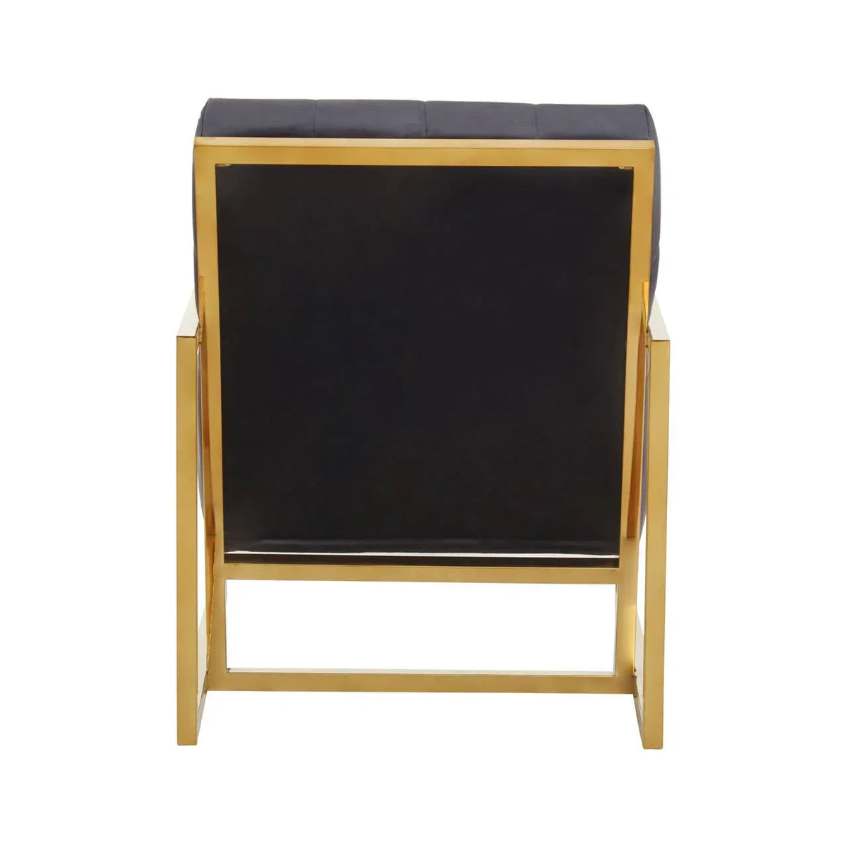 Back view of black velvet accent chair with gold metal frame
