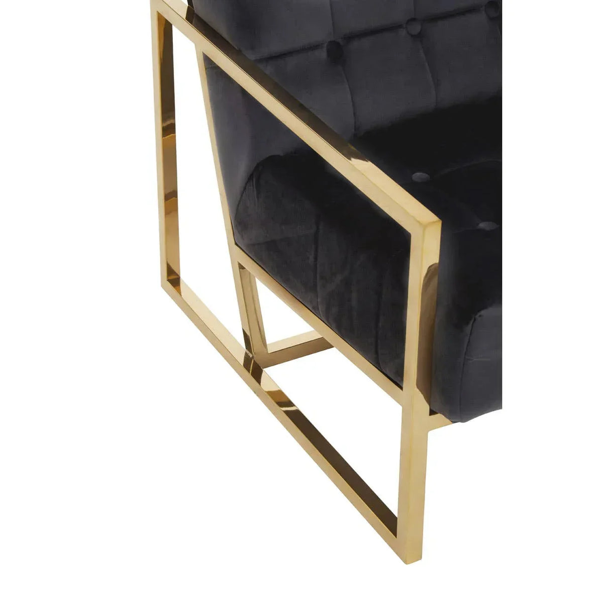 Black velvet armchair with gold metal frame and tufted cushions, close-up side view